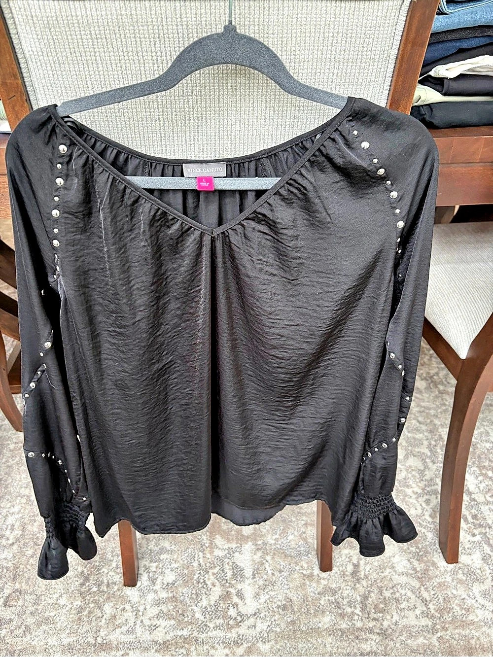 Vince Camuto Studded V-Neck Long Sleeve Blouse Black Blouse